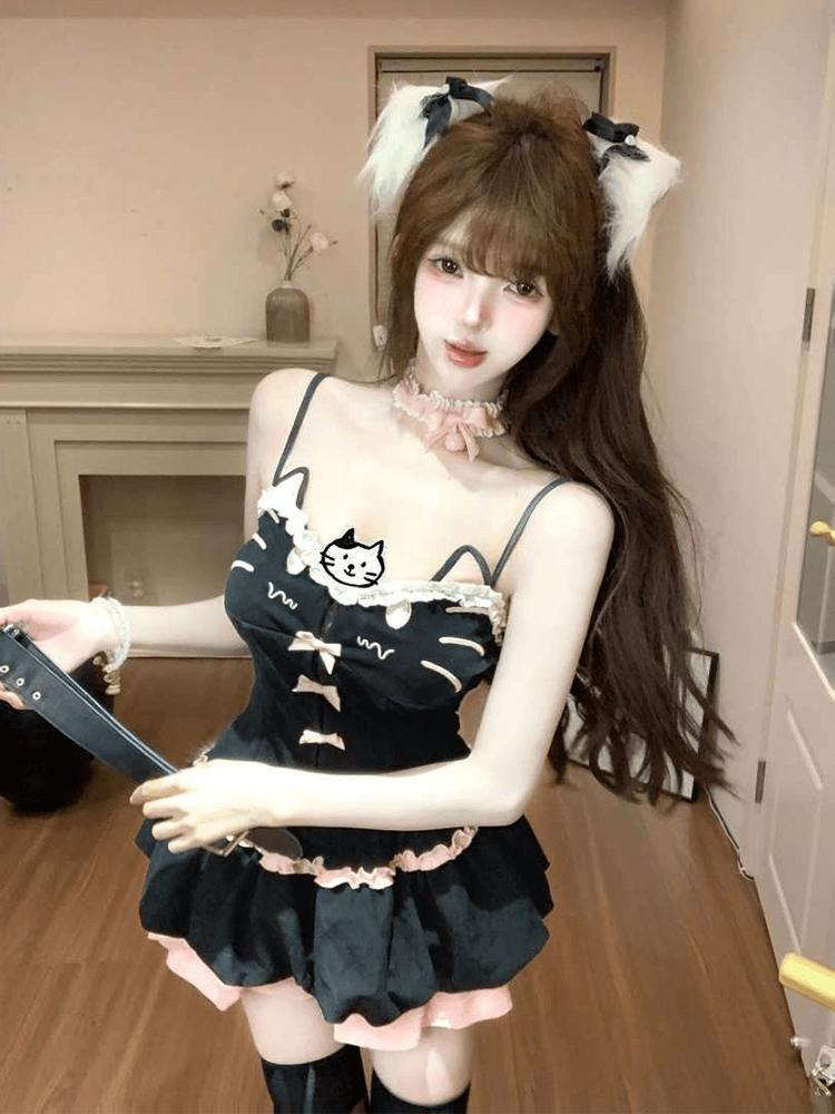 夏のかわいいキュートな漫画猫柄レースボウフリル2点セット レ - Cami Top Lace のレビューと価格