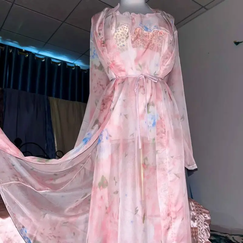 ピンクシルクプリントシースルーサスペンダーナイトガウンセット - Robe Silk Women のレビューと価格