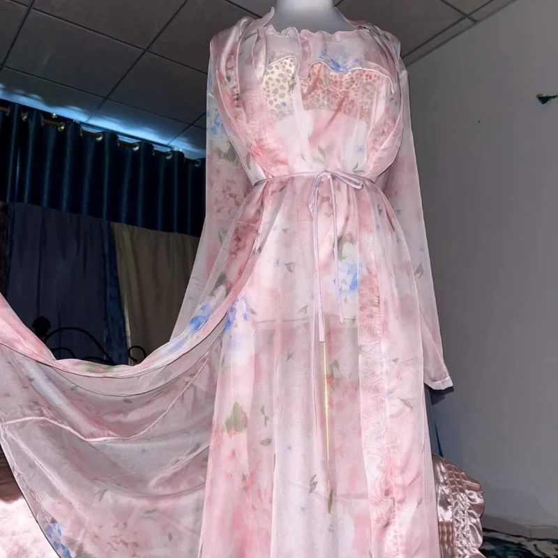 ピンクシルクプリントシースルーサスペンダーナイトガウンセット - Robe Silk Women のレビューと価格