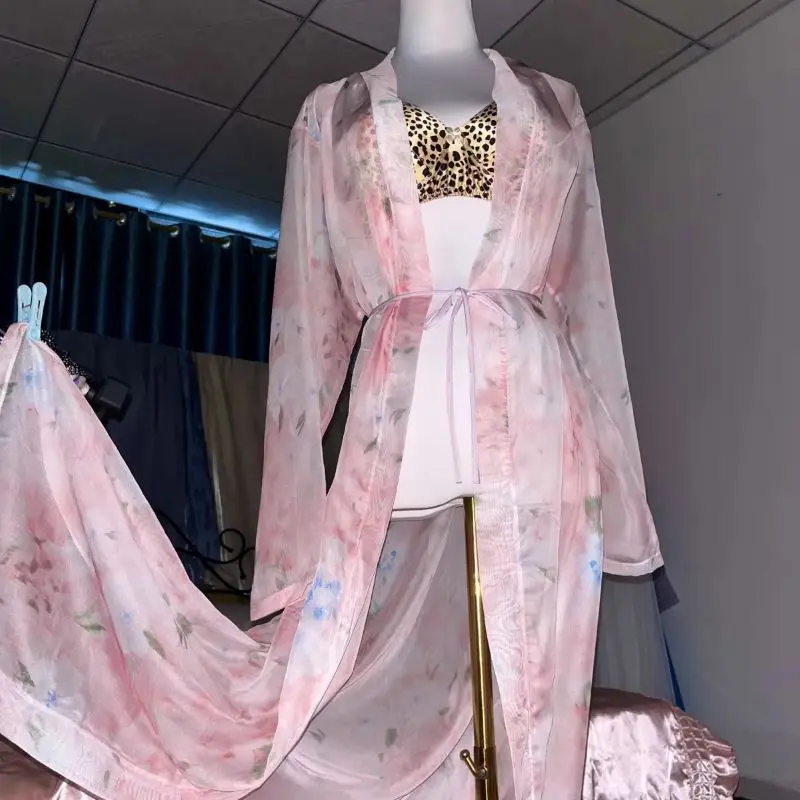 ピンクシルクプリントシースルーサスペンダーナイトガウンセット - Robe Silk Women のレビューと価格