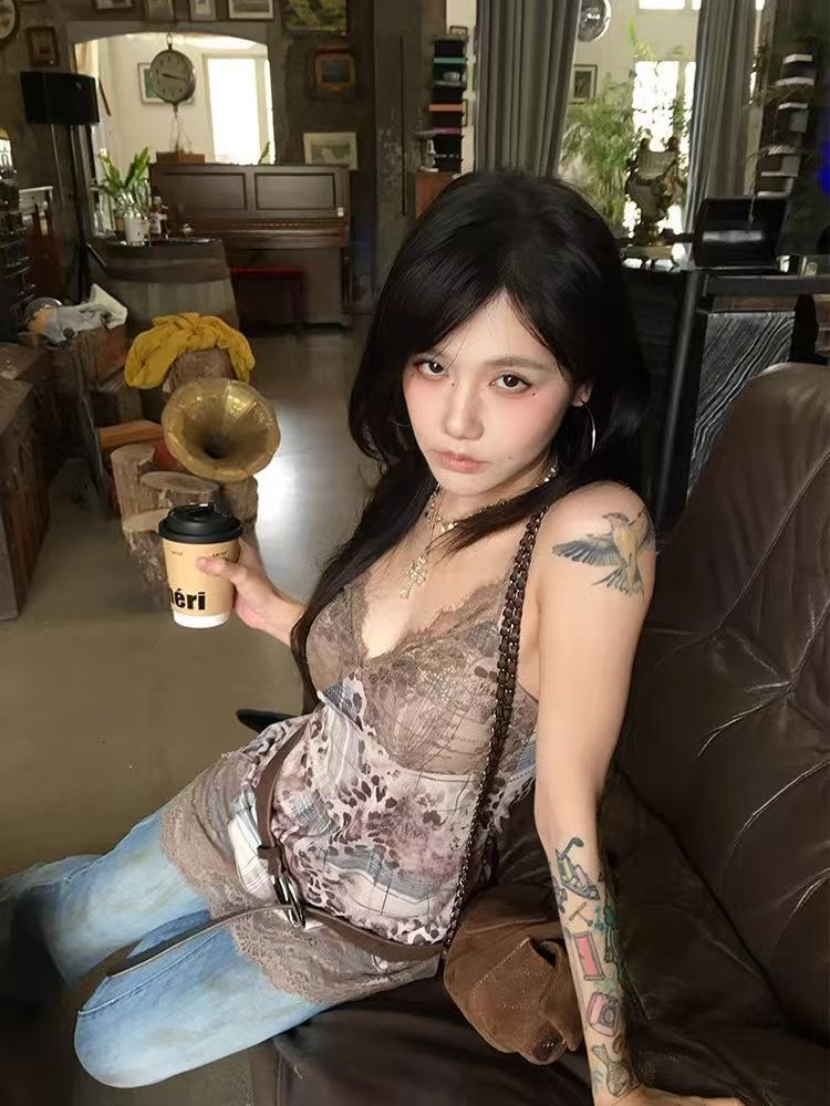 ヴィンテージパンクヒップホップ夏ヒョウ柄キャミソールコーヒー - Cami Top Lace のレビューと価格