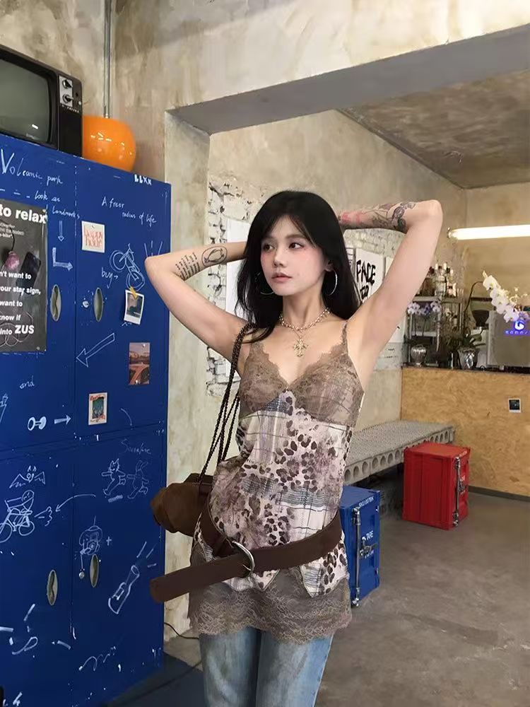 ヴィンテージパンクヒップホップ夏ヒョウ柄キャミソールコーヒー - Cami Top Lace のレビューと価格