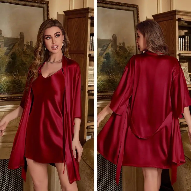 2PC ローブスーツ女性レーヨンバスローブガウン睡眠セット夏 - Robe Silk Women のレビューと価格