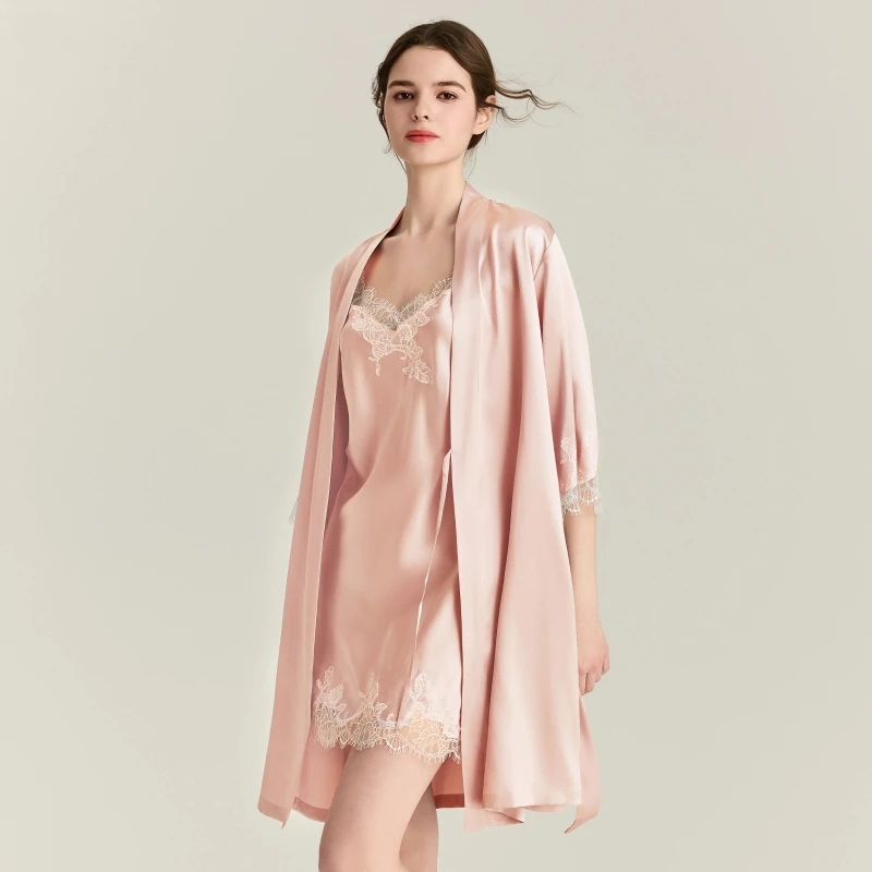 22MM 100%桑絹ローブガウンセット レーストリム セク - Robe Silk Women のレビューと価格