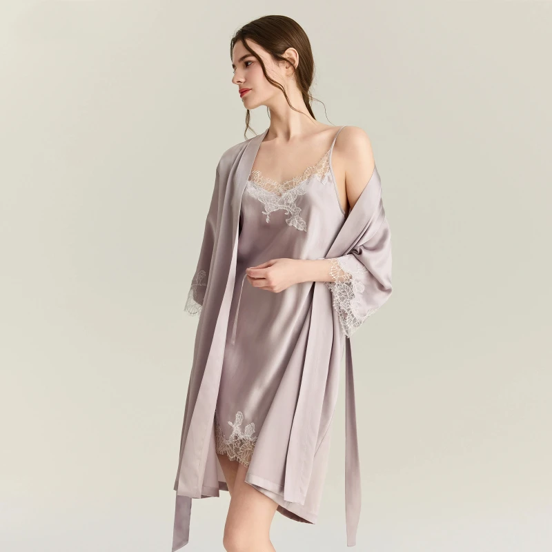 22MM 100%桑絹ローブガウンセット レーストリム セク - Robe Silk Women のレビューと価格
