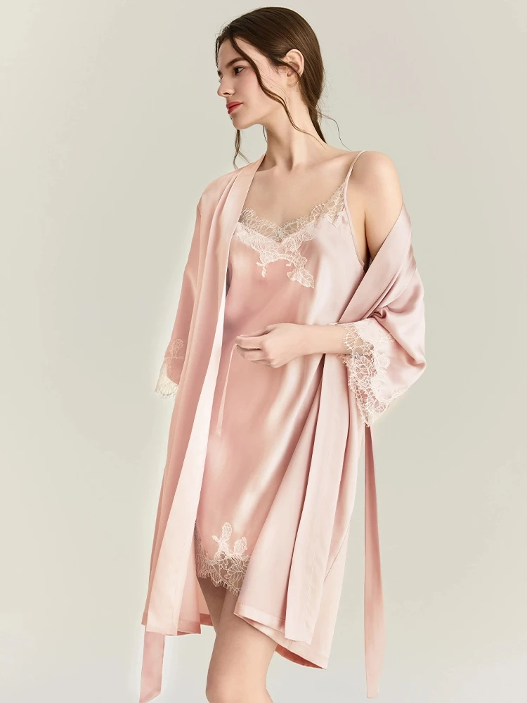 22MM 100%桑絹ローブガウンセット レーストリム セク - Robe Silk Women のレビューと価格