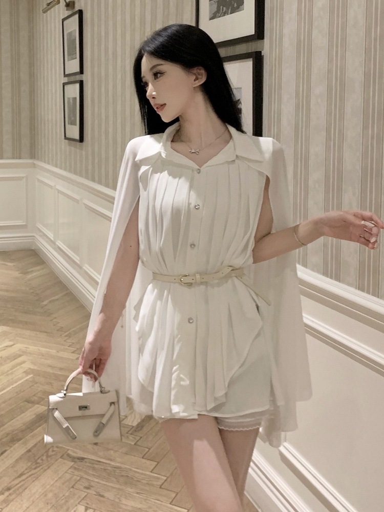 エレガントな白いショールカラープリーツシフォンシャツ、ウエス - Corset Waist Cinch のレビューと価格