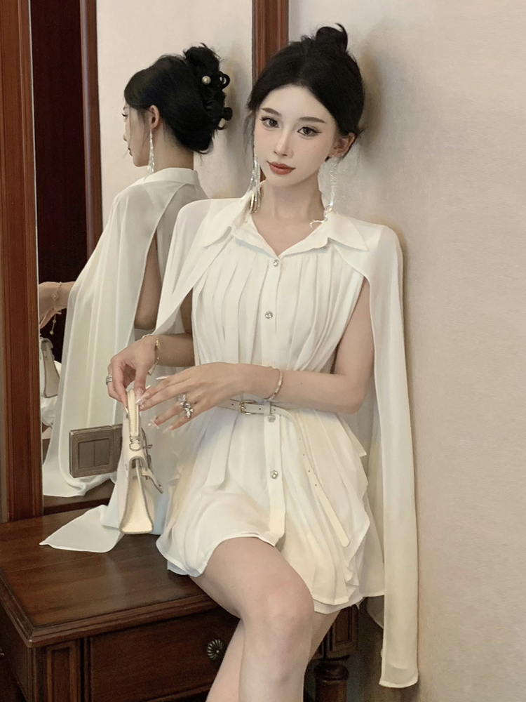 エレガントな白いショールカラープリーツシフォンシャツ、ウエス - Corset Waist Cinch のレビューと価格