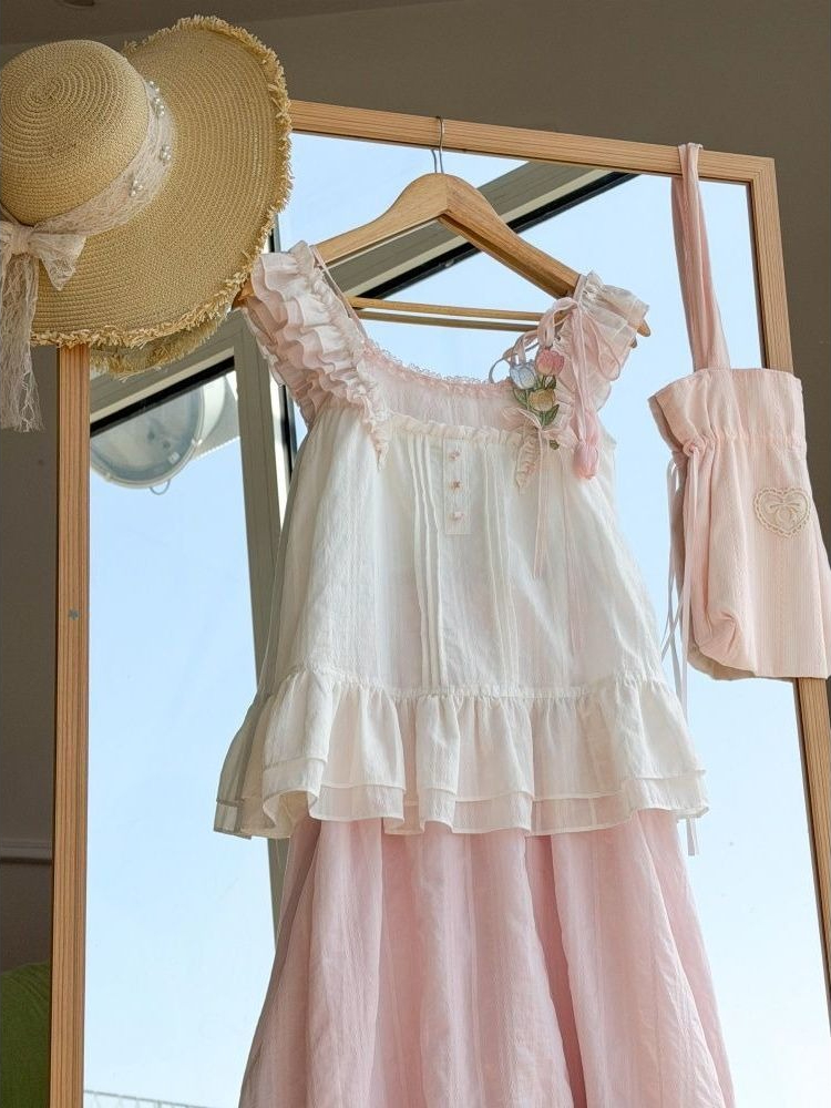 甘いかわいいフリルトリムチューリップ装飾ツーピースセット女性 - Cami Top Lace のレビューと価格